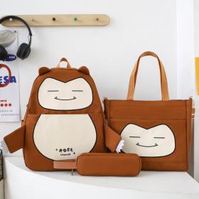 Ensemble de Sacs Snorlax 3Pcs Design Kawaii Marron – حقيبة مدرسية 3 قطع لون بني