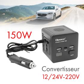 Convertisseur de tension en voiture avec surveillance de puissance 150 watts, 12 volts, 2 USB, 1 USB type C et 2 prises